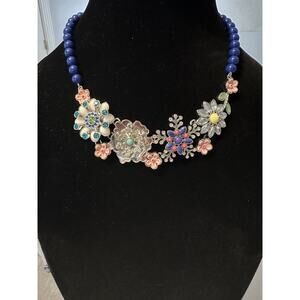 Lia Sophia 3D Flower Rhinestone Statement Bib Necklace w Blue Beads Silvertone
